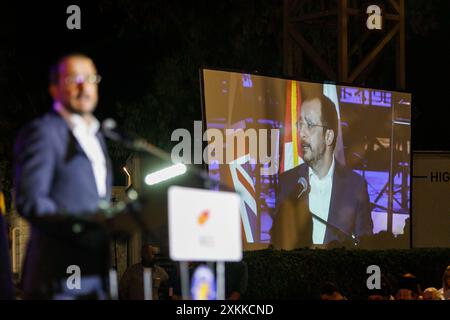 Limassol, Chypre. 22 juillet 2024. Le Président de Chypre NIKOS CHRISTODOULIDES prononce son discours lors de la cérémonie, Limassol, Chypre, le 22 juillet 2024. La convention suprême de la famille AHEPA (American Hellenic Educational progressive Association) a lieu à Chypre, pour commémorer le 50ème anniversaire de l'invasion turque, qui a conduit à l'occupation de 37% de l'île depuis 1974. (Photo de Kostas Pikoulas/Sipa USA). Crédit : Sipa USA/Alamy Live News Banque D'Images