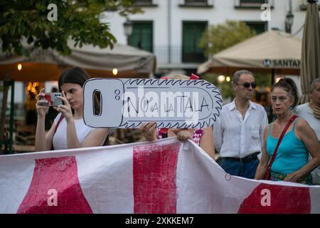 Madrid, Espagne. 23 juillet 2024. Les habitants de Madrid se sont rassemblés cet après-midi sur la Plaza Santa pour protester contre la décision prise par le conseil municipal de Madrid d'abattre plus d'une douzaine d'arbres situés sur la place centrale de Madrid. Crédit : D. Canales Carvajal/Alamy Live News Banque D'Images