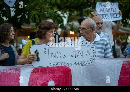 Madrid, Espagne. 23 juillet 2024. Les habitants de Madrid se sont rassemblés cet après-midi sur la Plaza Santa pour protester contre la décision prise par le conseil municipal de Madrid d'abattre plus d'une douzaine d'arbres situés sur la place centrale de Madrid. Crédit : D. Canales Carvajal/Alamy Live News Banque D'Images