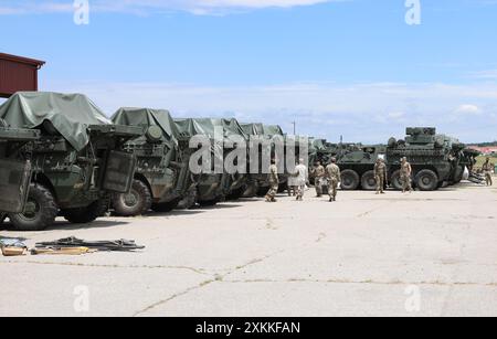 Les cadets participant à la formation en leadership des troupes de cadets (CTLT) en apprennent plus sur le Maneuver Short-Range Air Defense System (M-SHORAD) des soldats du 4e Bataillon, 60e Air Defense Artillery Regiment. Le CTLT est un programme essentiel qui offre aux cadets une expérience de leadership de première main dans les unités de l'Armée de terre en service actif. La 31e brigade d'artillerie de défense aérienne s'est régulièrement engagée dans ce programme pour aider à produire la prochaine génération d'officiers commissionnés pour la branche d'artillerie de défense aérienne et d'autres. Banque D'Images