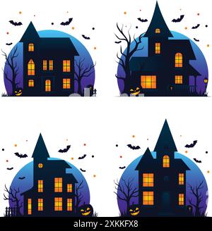 Maison hantée la nuit, signe Happy Halloween ou badge avec pierres tombales, chauves-souris volantes, arbres et citrouilles effrayantes Illustration de Vecteur