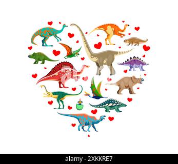 J'aime la bannière de forme de coeur de dinosaures avec des lézards préhistoriques de l'ère Jurassique, vecteur de bande dessinée. Dinosaures drôles et œufs de dinosaures de reptiles ou d'oiseaux dans Juras Illustration de Vecteur