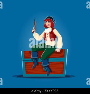 Personnage pirate de femme de dessin animé ou corsaire sur le coffre au trésor avec fusil de mousquet, marin vecteur. Fille pirate ou corsaire personnage d'aventure des Caraïbes et f Illustration de Vecteur