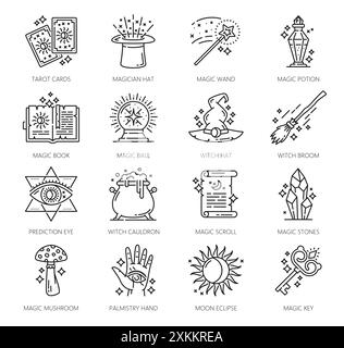 Sorcellerie et icônes magiques. Ésotérique, astrologie, symboles de vecteur de mystère avec des chapeaux de sorcière et magicien de ligne mince, potion d'alchimie, tarot et baguette de sorcier. Illustration de Vecteur