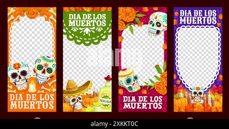 Modèle de médias sociaux jour des vacances mortes. Vector dia de los muertos cadres vides verticaux mexicains avec des crânes de sucre de calavera, fleurs de souci, c Illustration de Vecteur