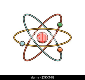 Modèle atomique planétaire de dessin animé rétro Groovy, autocollant d'art des années 70 vecteur. Groovy atome avec système de planètes de modèle nucléaire dans le dessin animé rétro funky pour badge o Illustration de Vecteur