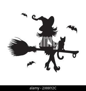 Silhouette noire d'une sorcière chevauchant un balai magique avec un chat dans le ciel avec des chauves-souris volantes Illustration de Vecteur