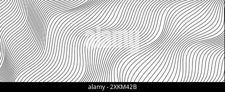 Fond abstrait de lignes de vagues, fines rayures ondulées noires avec effet optique de mouvement. Illustration de Vecteur