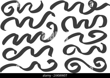 Swirl Squigggggles Swoosh soulignent les traits de pinceau vectoriels. Swings calligraphiques dessinés à la main. Crayon à encre courbe éléments noirs. Accent graphique décoratif ondulé Illustration de Vecteur