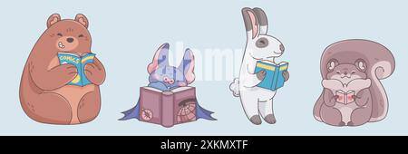 Livre de lecture d'animaux mignons. Ensemble d'illustration vectorielle de dessin animé de créatures de forêt enfantine drôles avec littérature en papier avec couverture dure. Joyeux ours souriant et lapin, écureuil et chauve-souris tiennent le manuel ouvert. Illustration de Vecteur