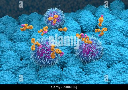 Traitement par anticorps monoclonaux dans le cancer du pancréas - vue isométrique illustration 3D. Banque D'Images