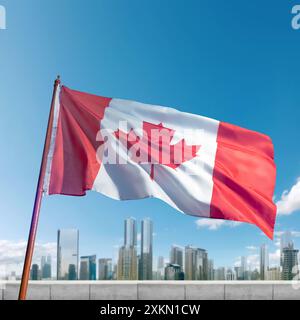 Un drapeau canadien rouge et blanc flotte haut dans le ciel au-dessus d'une ville. Le mât du drapeau est grand et le drapeau est grand, ce qui le distingue du bleu Banque D'Images