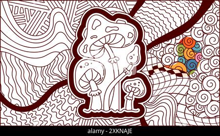 Coloriage avec champignons psychédéliques et différentes formes. Illustration de Vecteur