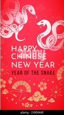 Nouvel an 2025 des affiches du zodiaque serpent chinois avec serpent doré, fleur, lanterne, éléments asiatiques et inscription en chinois : bonne année chinoise. Illustration de Vecteur