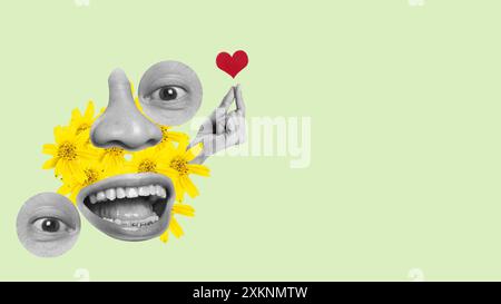 Le visage d'un homme est fait de fleurs jaunes et d'un cœur rouge. La bouche de l'homme est ouverte et ses yeux fermés. L'image est un repres créatif et ludique Banque D'Images