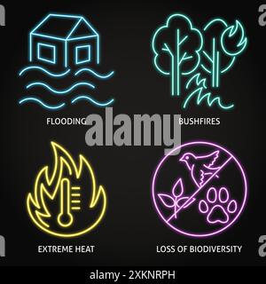 Icône néon d'impact sur le changement climatique définie. Incendies de forêt, inondations, températures élevées et perte de biodiversité. Illustration vectorielle. Illustration de Vecteur