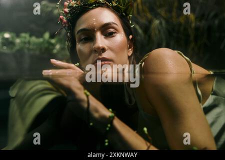 Une femme portant une couronne florale pose dans un marais, la tête partiellement immergée dans l'eau. Banque D'Images