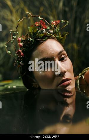 Une femme dans une couronne florale pose partiellement submergée dans un marais. Banque D'Images