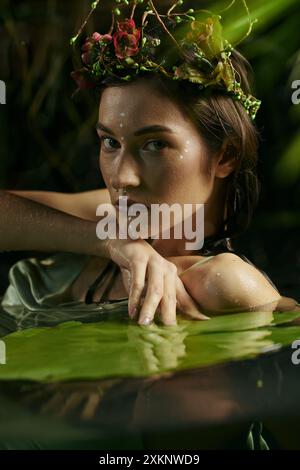 Belle femme portant la couronne de fleur, assise dans un étang tranquille. Banque D'Images