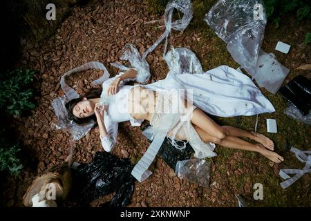 Une femme en vêtements blancs pose au milieu d'un marais rempli de déchets en plastique. Banque D'Images