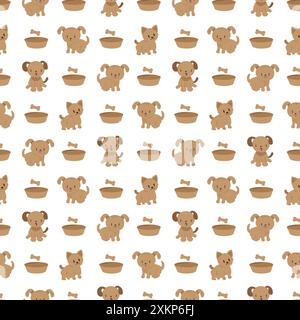 Arrière-plan de motif vectoriel transparent de chiens de dessin animé mignon. Toile de fond canine dispersée avec de petits chiens dessinés à la main, bol alimentaire, os. Santé des animaux de compagnie Illustration de Vecteur