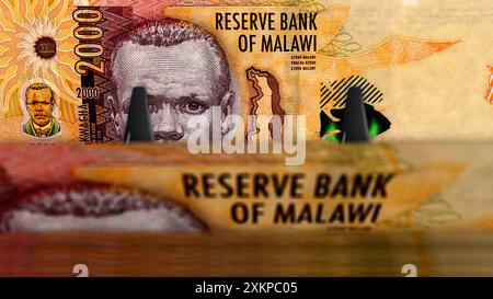 Malawi Money kwachas Malawian Money pack illustration 3D. Piles de liasses de billets de 2000 MWK. Concept de finance, cash, crise économique, succès commercial, Banque D'Images