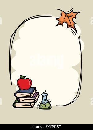 Cadre d'automne pour insertion et texte avec matières scolaires, livres, pomme, flacon chimique et avion en papier Illustration de Vecteur