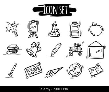 Ensemble vectoriel d'icônes simples en noir et blanc liées à l'automne, à l'école, à l'apprentissage. Pictogrammes pour la conception, l'application Illustration de Vecteur