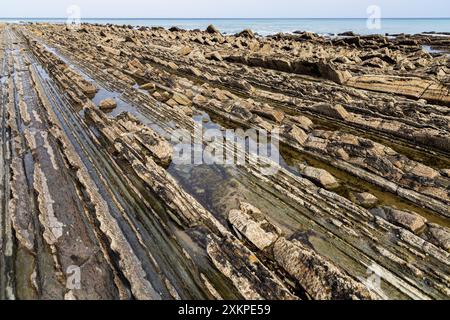 Série de formations rocheuses entrecoupées d'eau de mer et de l'océan Atlantique. Sakoneta Flysch, Deba, Gipuzkoa, pays Basque, Spaiin. Banque D'Images