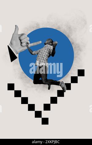 Composite tendance dessin photo collage de photo de jeune homme monochrome sauter haut léviter main poing gagner succès Happy Gesture bras shaka Banque D'Images