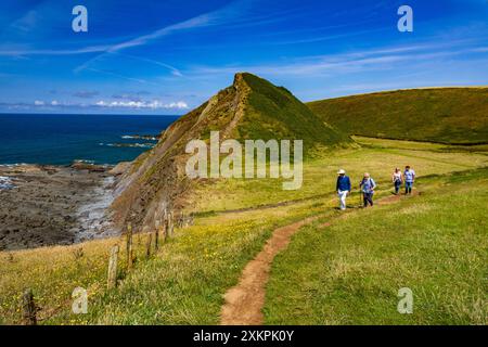 Marcheurs sur le SW Coast Path à St Catherine's Tor près de Hartland Quay Devon, Angleterre, Royaume-Uni Banque D'Images