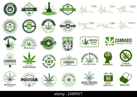 Emblèmes de cannabis médical, étiquettes de feuilles de marijuana, vecteur de logo de fabrication de haschisch modèles premium cannabis vert Big Set Illustration de Vecteur