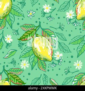 Modèle sans couture de citron dessiné à la main de vecteur. Croquis de citron brillant, de feuilles et de fleurs pour la conception de tissu et d'emballage Illustration de Vecteur