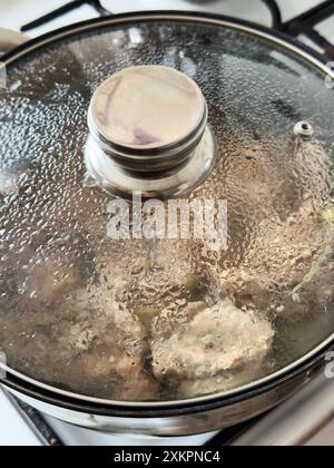 Casserole vapeur sur la cuisinière avec couvercle en verre montrant la viande de cuisson à l'intérieur Banque D'Images