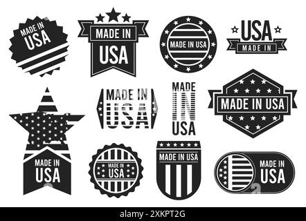 Kit d'étiquetage fabriqué aux États-Unis. Collection d'étiquette fabriqué aux États-Unis. Produit américain et symboles patriotiques. Emblème de qualité des États-Unis avec étoile rayée Illustration de Vecteur