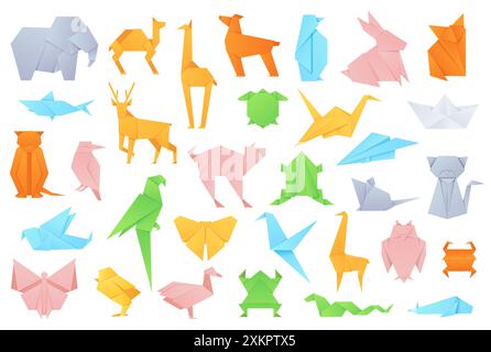 Animaux origami. Formes géométriques pliées pour bateau et renard en papier de jeu japonais, grue et brouillard, chat et éléphant, lapin. Jeu de vecteurs passe-temps d'artisanat Illustration de Vecteur