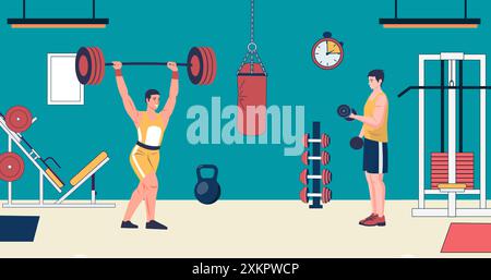 Les gens dans le gymnase. Hommes faisant des exercices de levage en gymnase, s'entraînant et gardant la forme. Homme avec barre et haltère. Concept de vecteur de style de vie actif Illustration de Vecteur