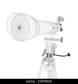 Dessin filaire de télescope - outil d'astronomie. Télescope dans l'illustration vectorielle de contour simple. 3D.. Illustration de Vecteur