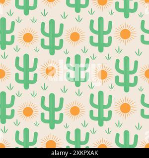 Cactus vert mignon avec motif sans couture de soleil orange. Pour tissu, textile et papier peint Illustration de Vecteur