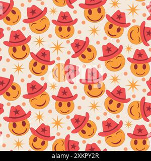 Mignon Orange Happy faces avec chapeaux de cow-boy Seamless Pattern avec de petites étoiles. Pour l'emballage du papier, du tissu et du textile. Illustration de Vecteur