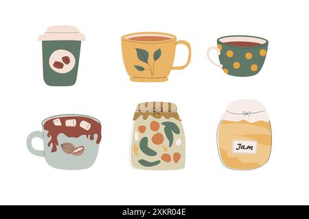 Éléments de récolte d'automne, autocollants ensemble de différentes feuilles, tasses, champignons. Cosy clipart choses et vêtements pour scrapbooking, impression, affiches. Illustration de Vecteur