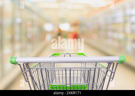 vue du panier avec le résumé de l'allée du supermarché flou produits surgelés et laitiers dans le fond des étagères du réfrigérateur Banque D'Images