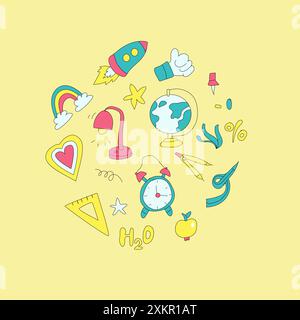 Modèle de bannière de doodle d'école pour enfants. Fournitures de papeterie éducative, bâtiment scolaire, globe, livres et autres icônes d'accessoires pour étudiants. Illustration de Vecteur