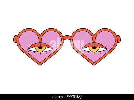 Groovy lunettes de soleil roses avec des cadres en forme de coeurs et des yeux ouverts sur l'illustration vectorielle en verre Illustration de Vecteur