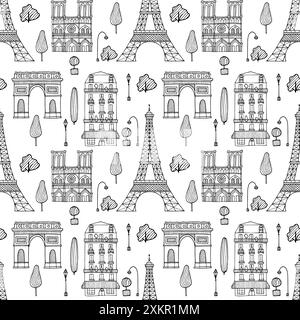 Motif Paris. Fond de doodle de ville sans couture. Jolie silhouette de ligne dessinée à la main par stylo à encre noire de la tour Eiffel, notre-Dame de Paris, Arc de Triomphe Illustration de Vecteur