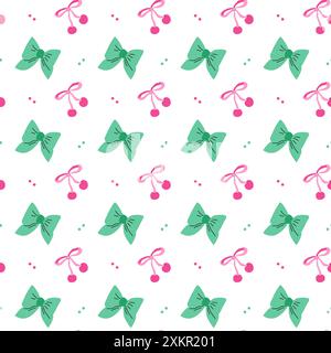 Fond de mode enfants mignon. Noeuds et motif de baies avec fraise ou cerise. Décoration romantique pour les vêtements de filles, serviettes de cuisine d'été. Illustration de Vecteur