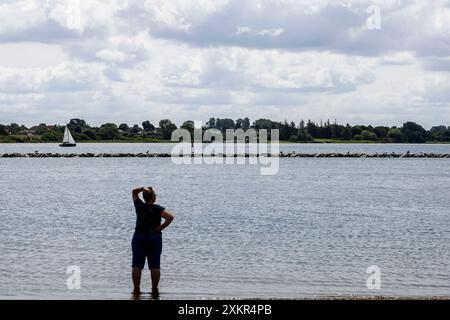 Arnis, Allemagne. 24 juillet 2024. Une femme se tient sur le rivage au soleil et regarde sur le Schlei. Crédit : Frank Molter/dpa/Alamy Live News Banque D'Images