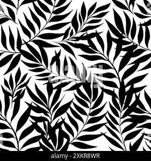 Noir et blanc feuilles tropicales White silhouettes Modern Trendy Fashion Raster Seamless Pattern Banque D'Images