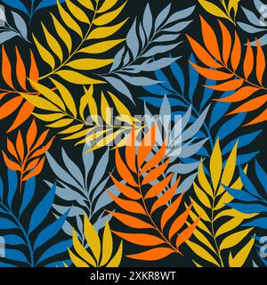 Orange vif et bleu Tropical Flowing Leaves Raster Seamless Pattern Banque D'Images