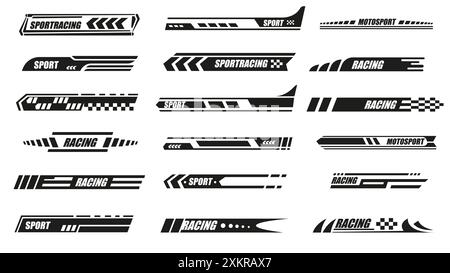 Autocollants noirs pour voitures de sport. Étiquettes de course, autocollant de voiture de sport et autocollants automobiles rapides, enveloppe monochrome et badges de course. Autocollants de sport vectoriel Illustration de Vecteur